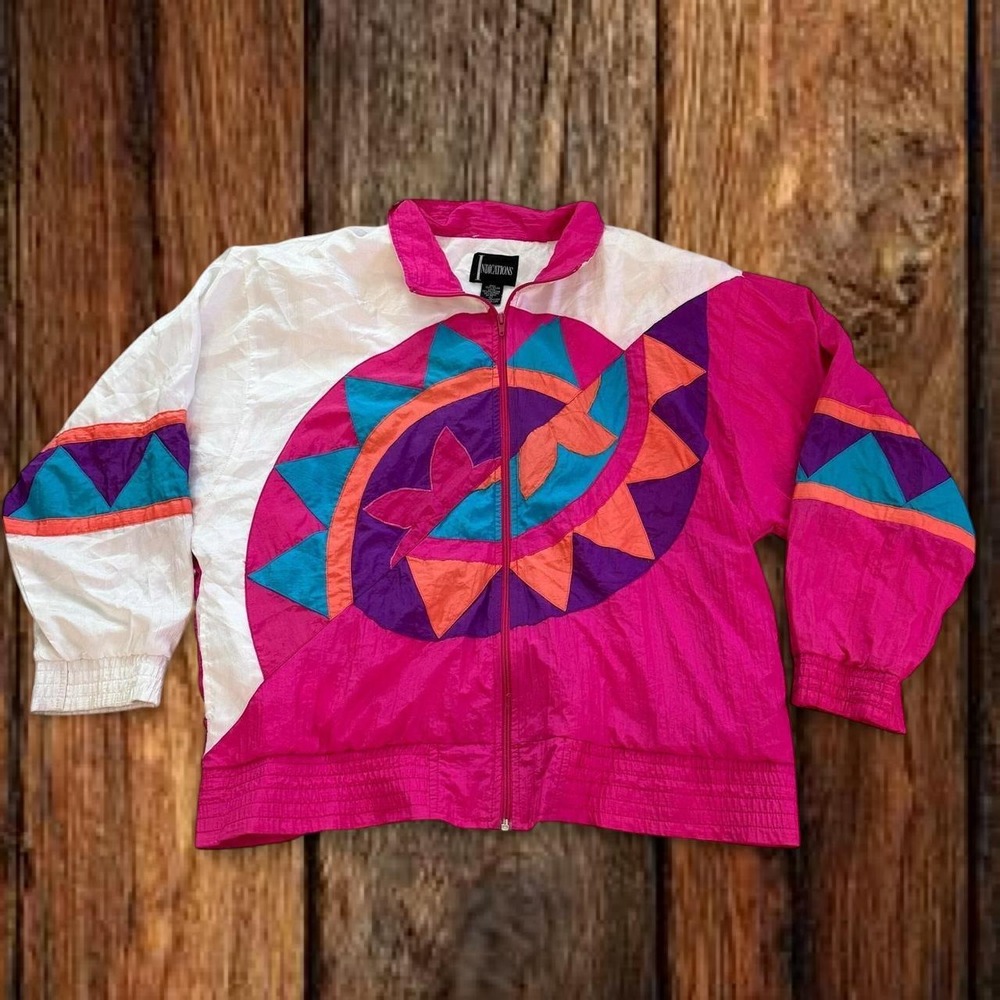 Indications Womens Vintage Windbreaker Jacket Pink Geometric Abstract Size L